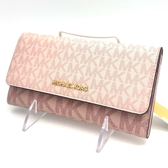 Michael Kors Jet Set Large Signature Logo TriFold Wallet Powder Blush Multi - Picture 1 of 9